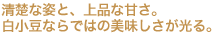 清楚な姿と、上品な甘さ。白小豆ならではの美味しさが光る