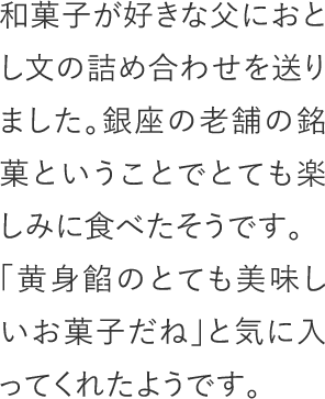 和菓子が好きな父におとし文の詰め合わせを送りました。銀座の老舗の銘菓ということでとても楽しみに食べたそうです。「黄身餡のとても美味しいお菓子だね」と気に入ってくれたようです。
